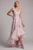 Blush A Line Floral High Low V-Neck Mother of the Bride Dress with Ruffles