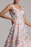 Blush A Line Floral High Low V-Neck Mother of the Bride Dress with Ruffles