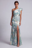 Light Green Floral Mermaid One Shoulder Long Mother of the Bride Dress with Slit