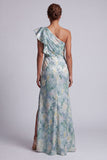 Light Green Floral Mermaid One Shoulder Long Mother of the Bride Dress with Slit