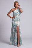 Light Green Floral Mermaid One Shoulder Long Mother of the Bride Dress with Slit