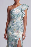 Light Green Floral Mermaid One Shoulder Long Mother of the Bride Dress with Slit