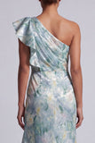 Light Green Floral Mermaid One Shoulder Long Mother of the Bride Dress with Slit