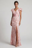 Blush Mermaid Beaded V Neck Long Mother Of the Bride Dress with Slit
