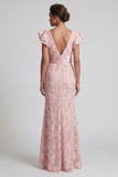 Blush Mermaid Beaded V Neck Long Mother Of the Bride Dress with Slit