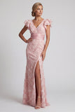 Blush Mermaid Beaded V Neck Long Mother Of the Bride Dress with Slit