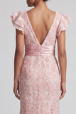 Blush Mermaid Beaded V Neck Long Mother Of the Bride Dress with Slit