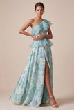 One Shoulder Light Green A Line Ruffled Mother Of the Bride Dress with Slit