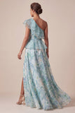 One Shoulder Light Green A Line Ruffled Mother Of the Bride Dress with Slit