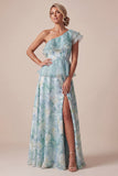 One Shoulder Light Green A Line Ruffled Mother Of the Bride Dress with Slit
