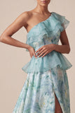 One Shoulder Light Green A Line Ruffled Mother Of the Bride Dress with Slit