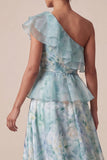 One Shoulder Light Green A Line Ruffled Mother Of the Bride Dress with Slit