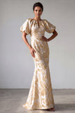 Champagne Mermaid Puff Sleeves Long Mother Of the Bride Dress