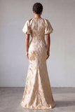 Champagne Mermaid Puff Sleeves Long Mother Of the Bride Dress