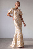 Champagne Mermaid Puff Sleeves Long Mother Of the Bride Dress