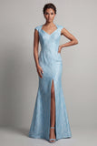 Blue Mermaid V-Neck Long Mother Of the Bride Dress with Slit
