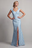 Blue Mermaid V-Neck Long Mother Of the Bride Dress with Slit
