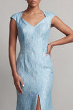 Blue Mermaid V-Neck Long Mother Of the Bride Dress with Slit