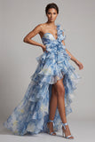 One Shoulder Dusty Blue A Line Ruffled High Low Mother Of the Bride Dress