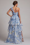One Shoulder Dusty Blue A Line Ruffled High Low Mother Of the Bride Dress