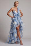 One Shoulder Dusty Blue A Line Ruffled High Low Mother Of the Bride Dress