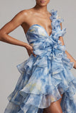 One Shoulder Dusty Blue A Line Ruffled High Low Mother Of the Bride Dress