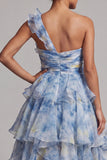 One Shoulder Dusty Blue A Line Ruffled High Low Mother Of the Bride Dress