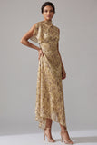 Champagne A Line High Neck Floral Mother Of the Bride Dress