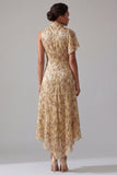Champagne A Line High Neck Floral Mother Of the Bride Dress