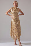 Champagne A Line High Neck Floral Mother Of the Bride Dress