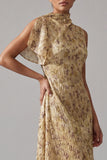 Champagne A Line High Neck Floral Mother Of the Bride Dress
