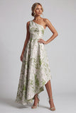 One Shoulder Light Green A Line Floral Mother Of the Bride Dress