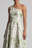 One Shoulder Light Green A Line Floral Mother Of the Bride Dress