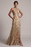 Champagne Halter Cut Out A Line Mother Of the Bride Dress with Slit
