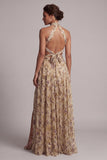 Champagne Halter Cut Out A Line Mother Of the Bride Dress with Slit