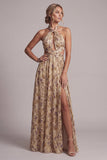 Champagne Halter Cut Out A Line Mother Of the Bride Dress with Slit