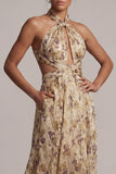 Champagne Halter Cut Out A Line Mother Of the Bride Dress with Slit