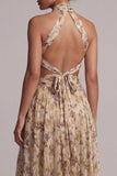 Champagne Halter Cut Out A Line Mother Of the Bride Dress with Slit