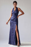 Halter Dark Purple Mermaid Long Mother Of the Bride Dress with Slit