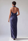 Halter Dark Purple Mermaid Long Mother Of the Bride Dress with Slit