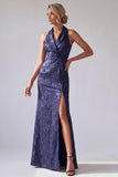 Halter Dark Purple Mermaid Long Mother Of the Bride Dress with Slit