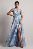 Lake Blue A Line Notched Lapel Long Floral Mother Of the Bride Dress with Slit