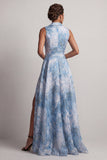 Lake Blue A Line Notched Lapel Long Floral Mother Of the Bride Dress with Slit