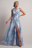 Lake Blue A Line Notched Lapel Long Floral Mother Of the Bride Dress with Slit