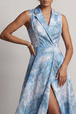 Lake Blue A Line Notched Lapel Long Floral Mother Of the Bride Dress with Slit