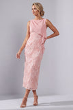 Blush Sheath Bateau Neck Midi Elegant Mother Of the Bride Dress