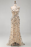 Apricot One Shoulder High Low Mermaid Sequins Maxi Dress with 3D Appliques