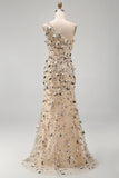 Apricot One Shoulder High Low Mermaid Sequins Maxi Dress with 3D Appliques