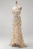 Apricot One Shoulder High Low Mermaid Sequins Maxi Dress with 3D Appliques
