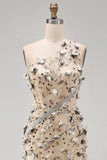 Apricot One Shoulder High Low Mermaid Sequins Maxi Dress with 3D Appliques